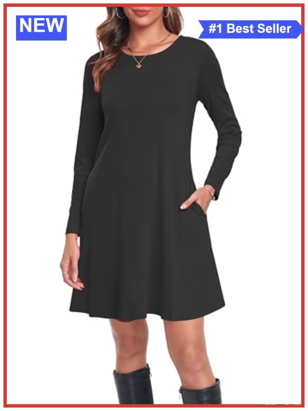 Women's Long Sleeve A-Line T-Shirt Dress Crew Neck Midi with Pockets
